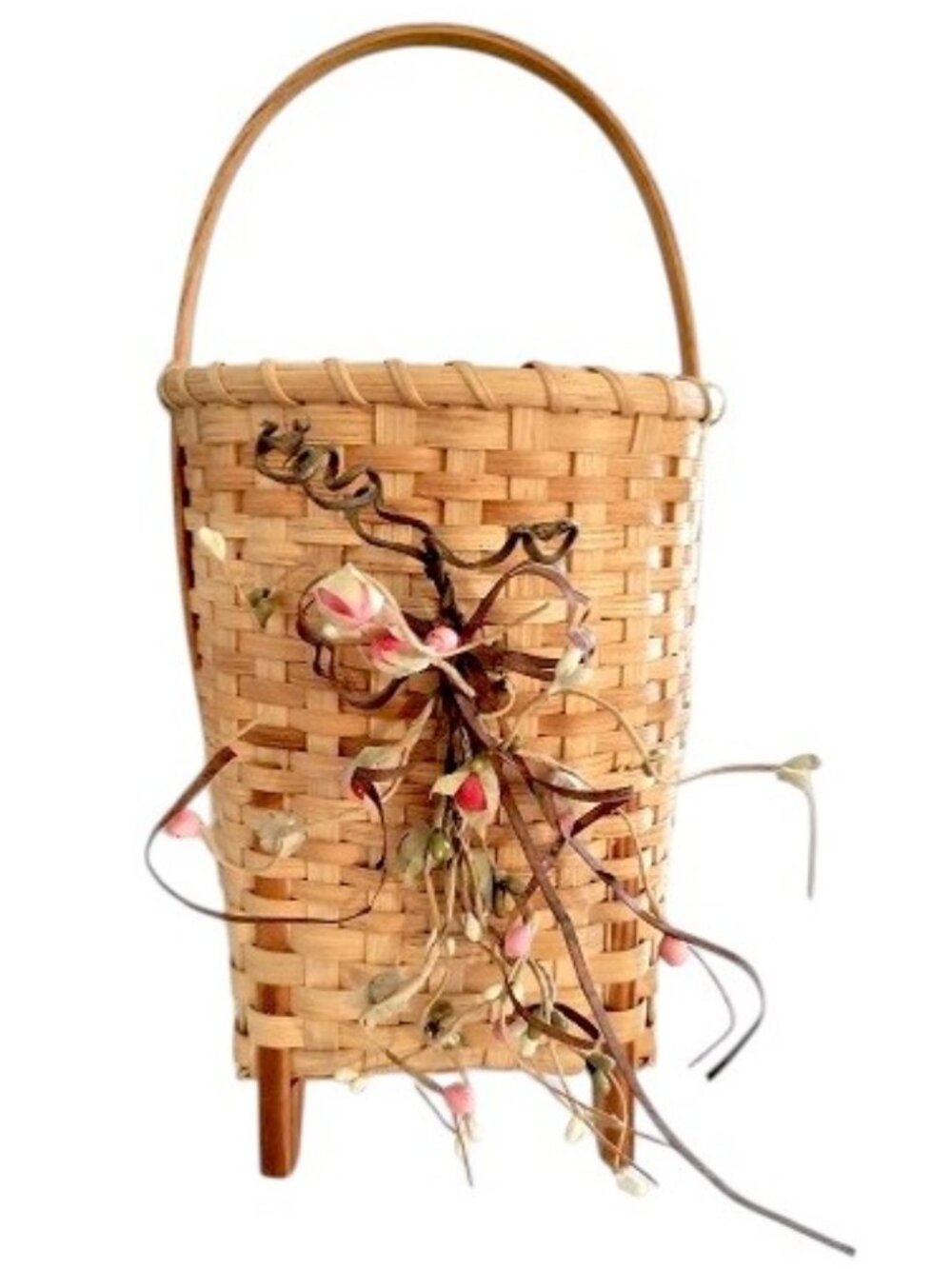 Tall Woven Footed Wooden Basket & Detachable Decoration